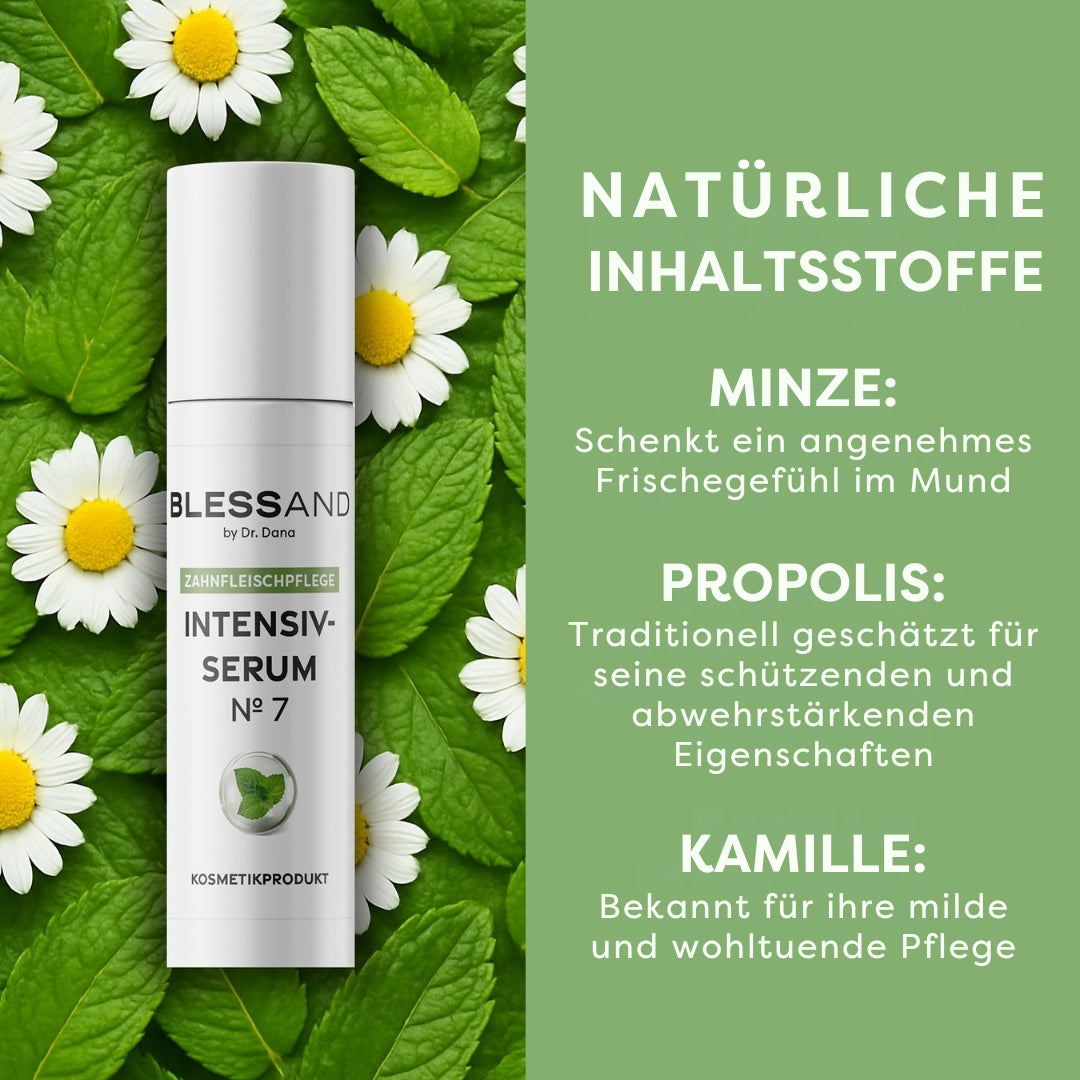 Die Inhaltstoffe: Minze, Propolis und Kamille.